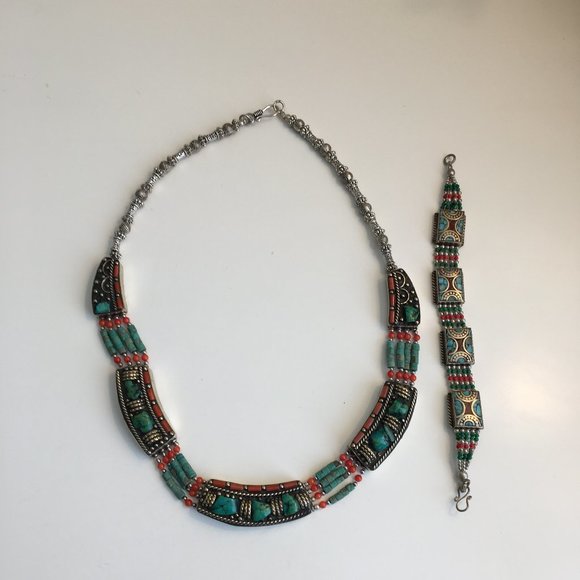 Turquoise and Coral Handcrafted Necklace and Bracelet Set - Picture 1 of 4